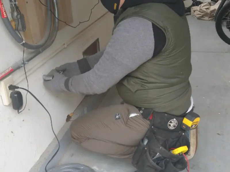 Electrician performing outlet wiring in a North Auburn garage